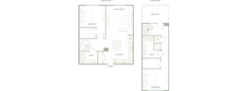 A floor plan of a house with a kitchen, living room, and bathroom.