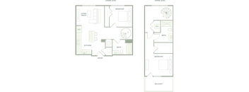 A floor plan of a house with a kitchen, living room, and bathroom.