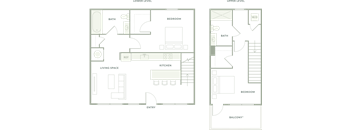 A floor plan of a house with two bedrooms and a bathroom.
