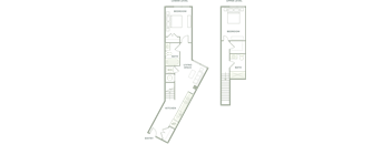 A floor plan of a building with a staircase and a second floor.