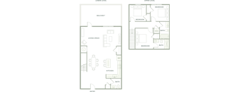 A floor plan of a house with a kitchen, living room, and bathroom.