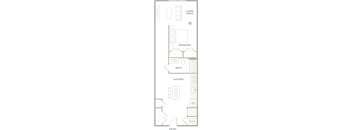 A floor plan of a house with a kitchen, living room, and bathroom.