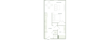 A floor plan of a house with a living room, dining room, kitchen, and bathrooms.