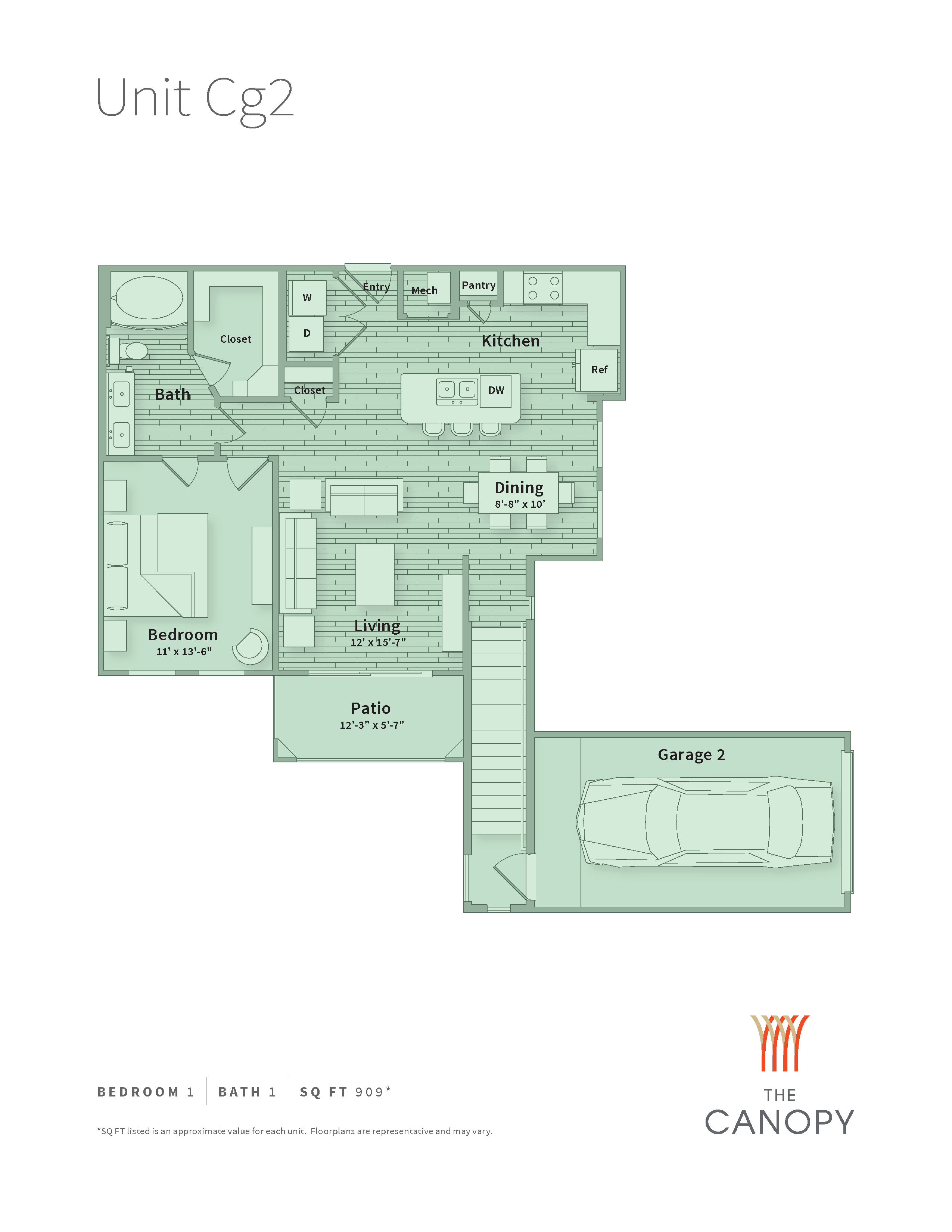 A floor plan of Unit Cg2 showing a kitchen, dining area, living room, and two bedrooms.