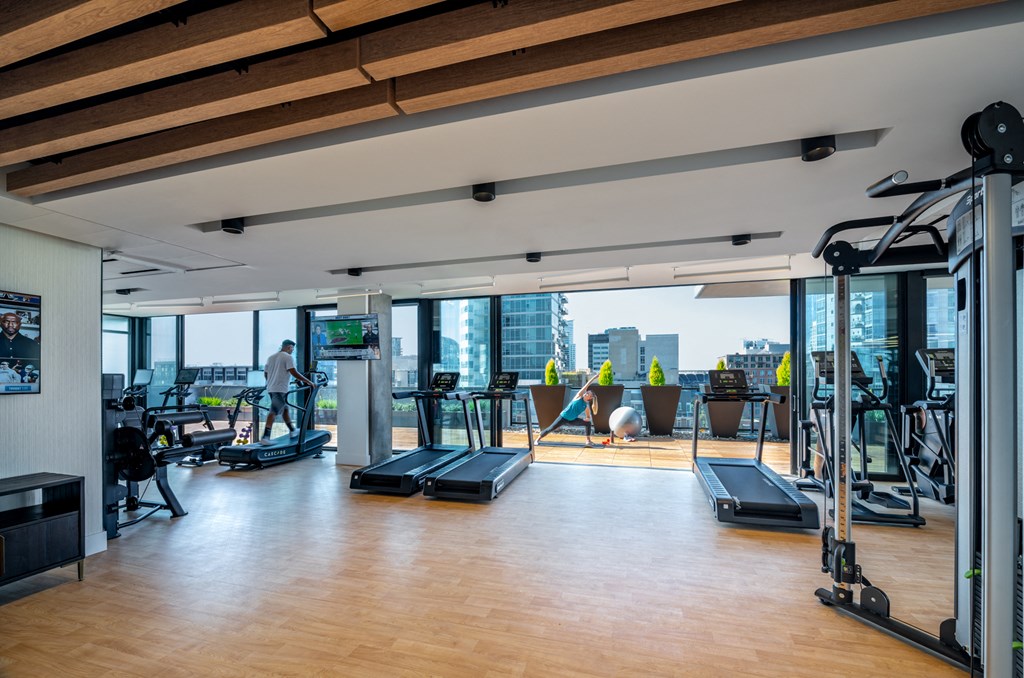 gym with city views