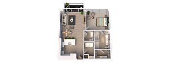 A top-down view of a house layout with a living room, kitchen, dining area, and bathroom.