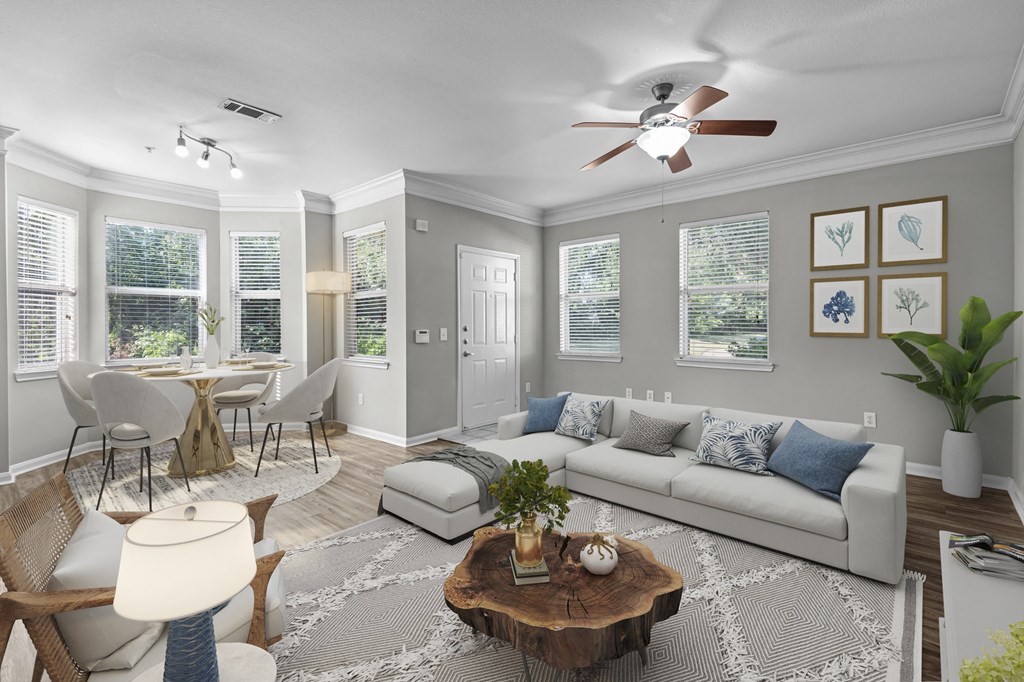 a living room with a couch and a table