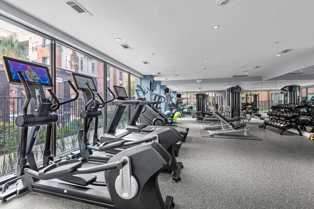 a gym with rows of treadmills and other exercise equipment