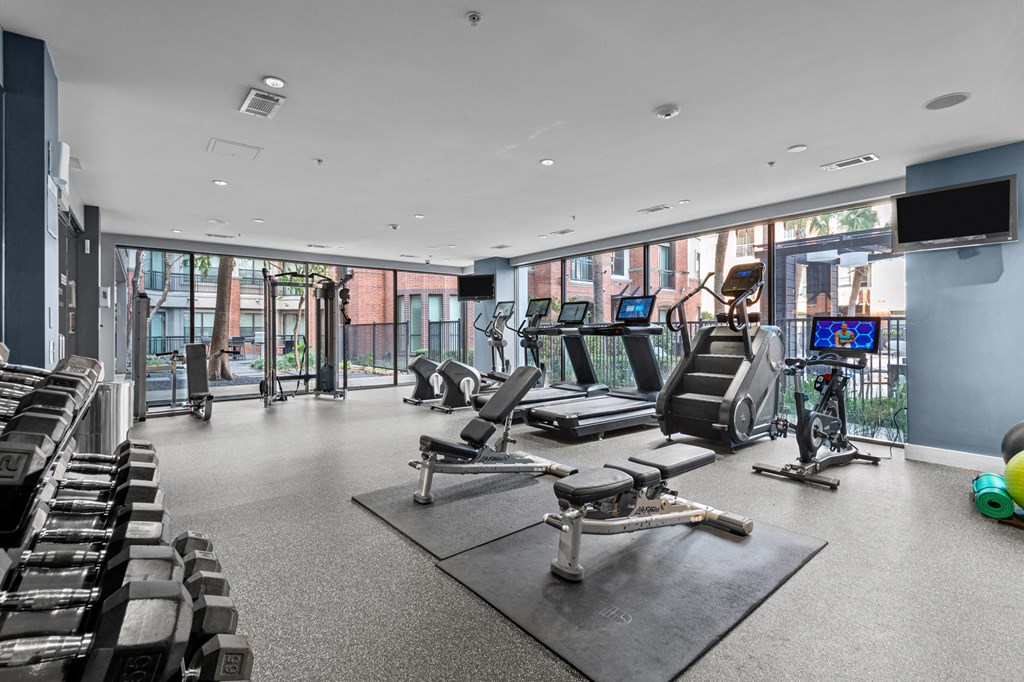 the gym with treadmills and weights at the belgard apartments