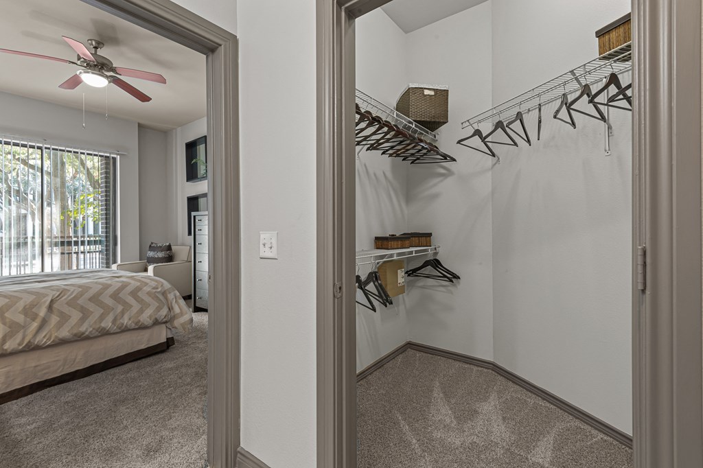 the master bedroom has a walk in closet with a bed and a ceiling fan