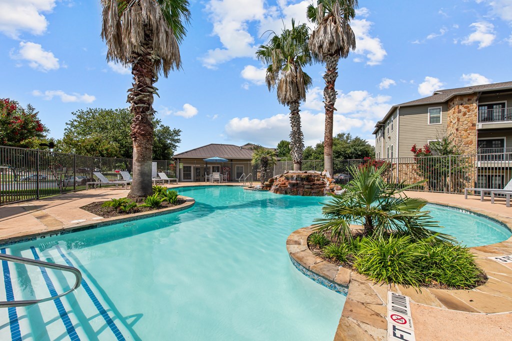 our apartments have a large swimming pool with palm trees