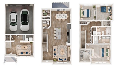 Three images of a house layout with a kitchen, living room, and bathroom.