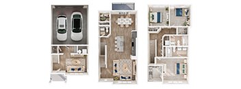 Three images of a house layout with a kitchen, living room, and bathroom.