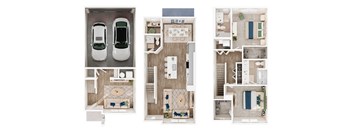 A set of three images showing the interior of a house with a car parked in the garage.