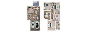 A set of four images showing the layout of a car, a kitchen, a living room, and a bedroom.