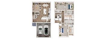 A floor plan of a house with two cars parked in the garage.