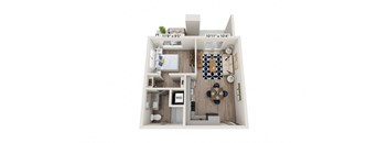 A 3D floor plan of a small apartment with a kitchen, living room, and bathroom.