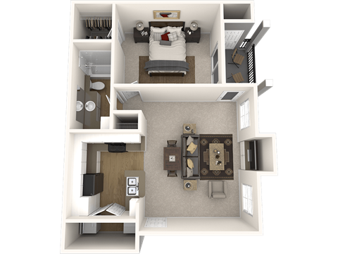 A 3D rendered image of a small apartment layout.