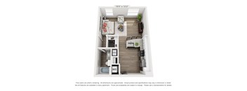 A floor plan of a small apartment with a kitchen, living room, and bedroom.