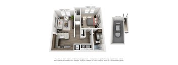 A floor plan of a small apartment with a bedroom, living room, kitchen, and bathroom.
