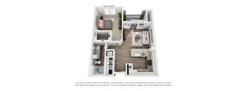 A floor plan of a small apartment with a kitchen, living room, and bathroom.