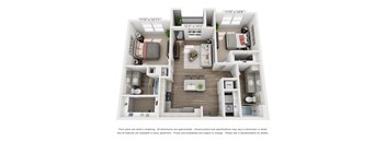 A 3D floor plan of a small apartment with a kitchen, living room, and bedroom.