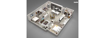 A 3D rendered image of a modern, open-plan apartment layout.