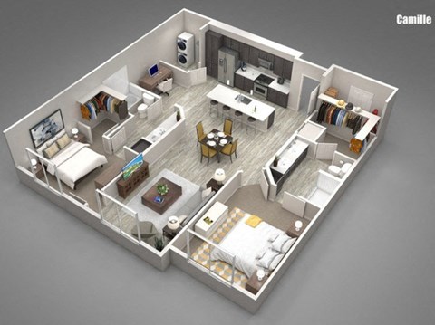 A 3D rendered image of a modern, open-plan apartment layout.