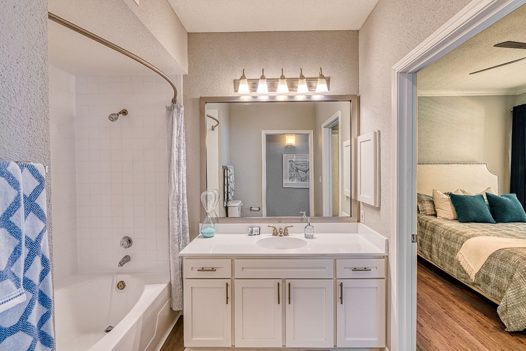 a bathroom with a sink and a tub and a mirror