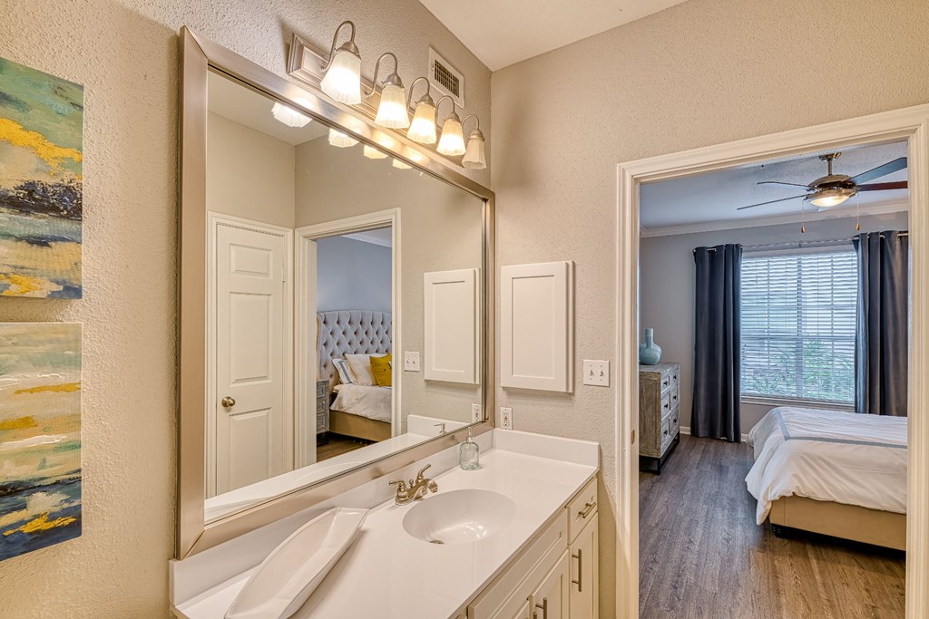 a bathroom with a large mirror and a sink