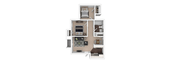 A 3D floor plan of a small apartment with a kitchen, living room, and bathroom.