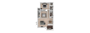 A floor plan of a small apartment with a kitchen, living room, and two bedrooms.