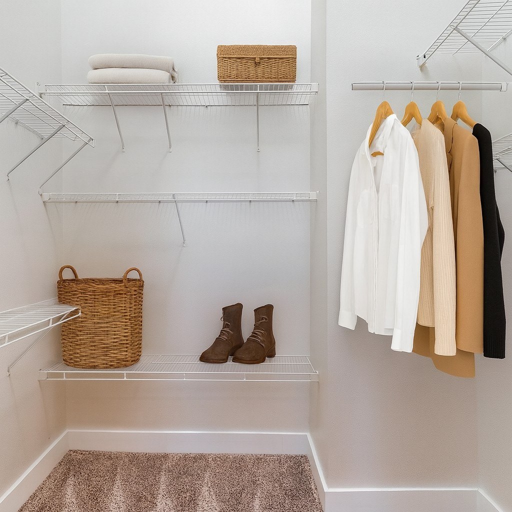 A white closet with clothes hanging and a basket on the shelf.