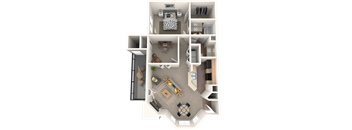 A 3D floor plan of a house with a kitchen, living room, and bedrooms.