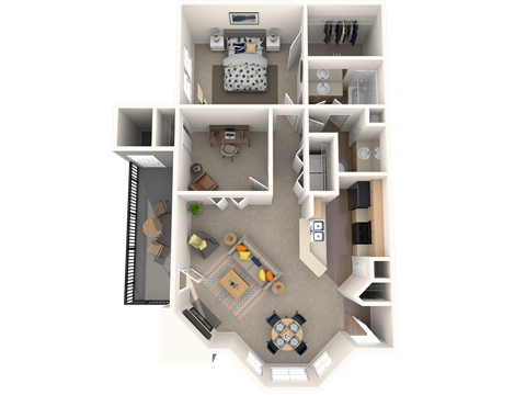 A 3D floor plan of a house with a kitchen, living room, and bedrooms.