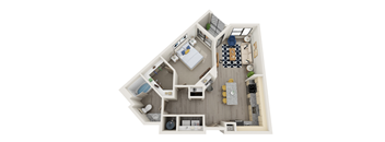 A top-down view of a small apartment with a bedroom, living room, and kitchen.
