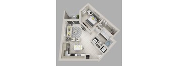 A 3D floor plan of a small apartment with a kitchen, living room, and bathroom.