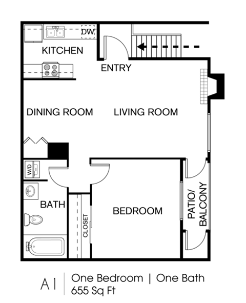 A floor plan of a one bedroom apartment with one bath.
