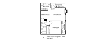 A floor plan of a one bedroom apartment with one bath.