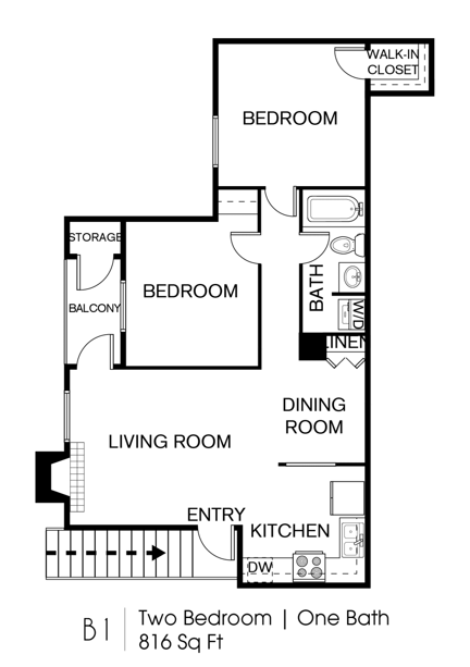 A floor plan of a one-bedroom apartment with a living room, kitchen, and bathroom.