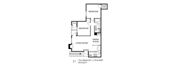 A floor plan of a one-bedroom apartment with a living room, kitchen, and bathroom.