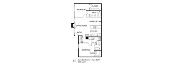 A floor plan of a two bedroom apartment with two bathrooms.