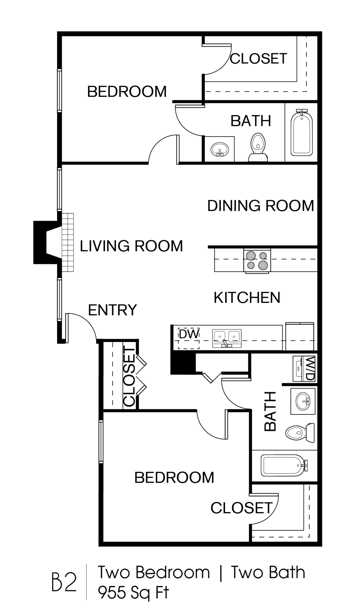 A floor plan of a two bedroom apartment with two bathrooms.