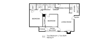 A floor plan of a living space with two bedrooms and two bathrooms.