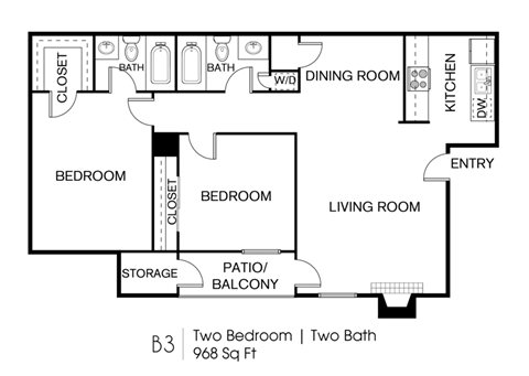 A floor plan of a living space with two bedrooms and two bathrooms.