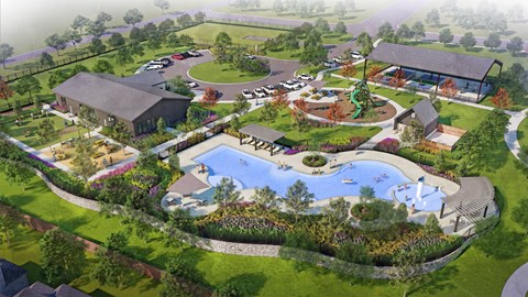 A rendering of a resort with a swimming pool and a large building.