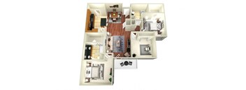 A 3D floor plan of a house with a kitchen, living room, dining room, and two bedrooms.