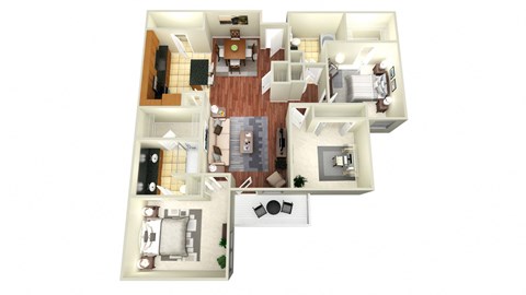 A 3D floor plan of a house with a kitchen, living room, dining room, and two bedrooms.