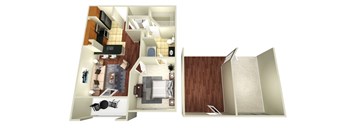 A 3D floor plan of a small apartment with a kitchen, living room, and bedroom.