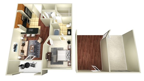 A 3D floor plan of a small apartment with a kitchen, living room, and bedroom.